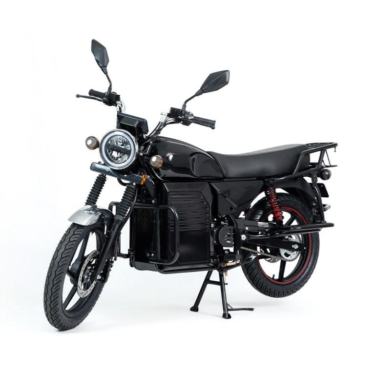BOX-3000 black classic electric motorcycle with rear rack front view
