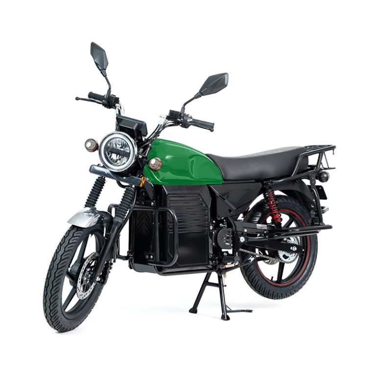 BOX-3000 black electric motorcycle with silver chassis accents front angle view