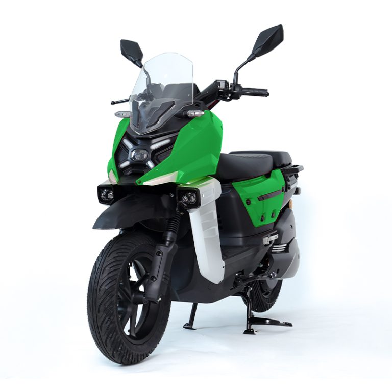 JPX green and black sporty adventure electric scooter front angle view
