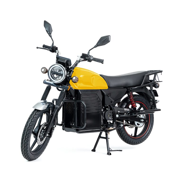 BOX-3000 black electric motorcycle with yellow chassis accents front angle view