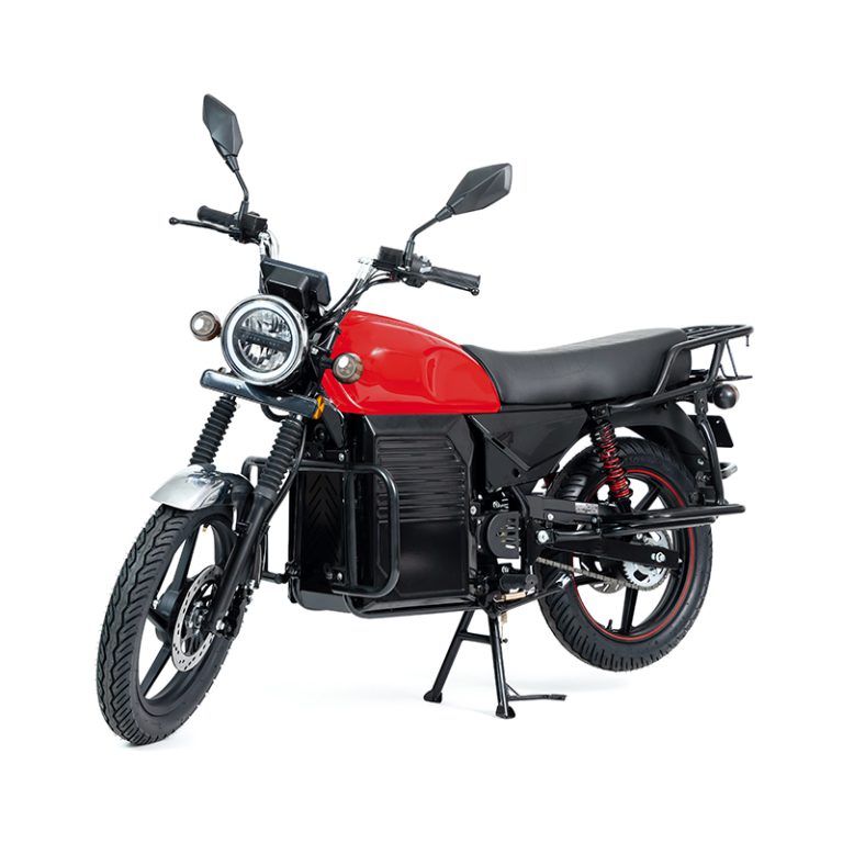 BOX-3000 black electric motorcycle with red chassis accents front angle view