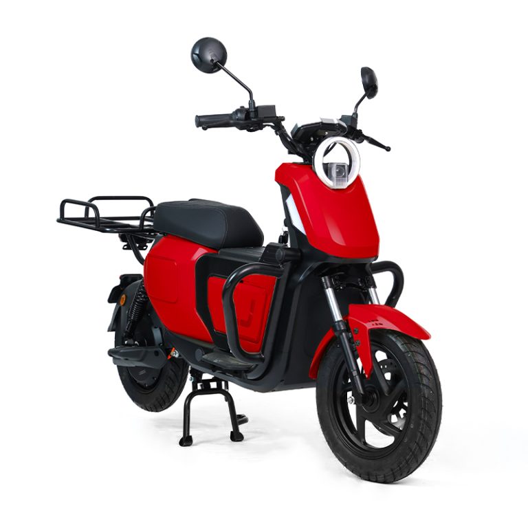 U2-2000 red utility electric scooter with rear rack front angle view