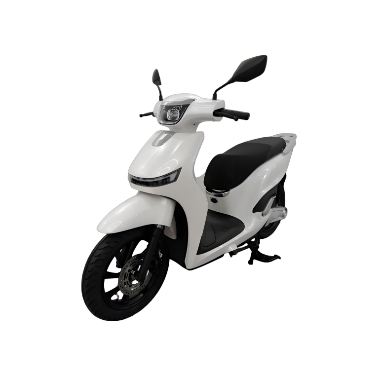 DH-3000 white city electric scooter with round headlight front angle view