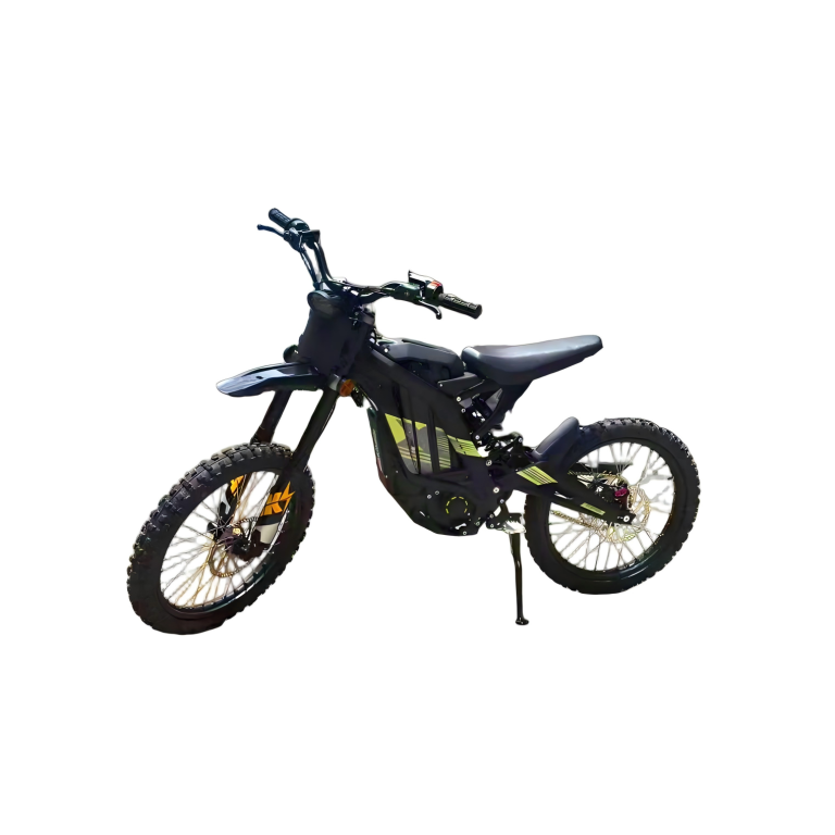 Green kids off-road electric dirt bike motorcycle side view