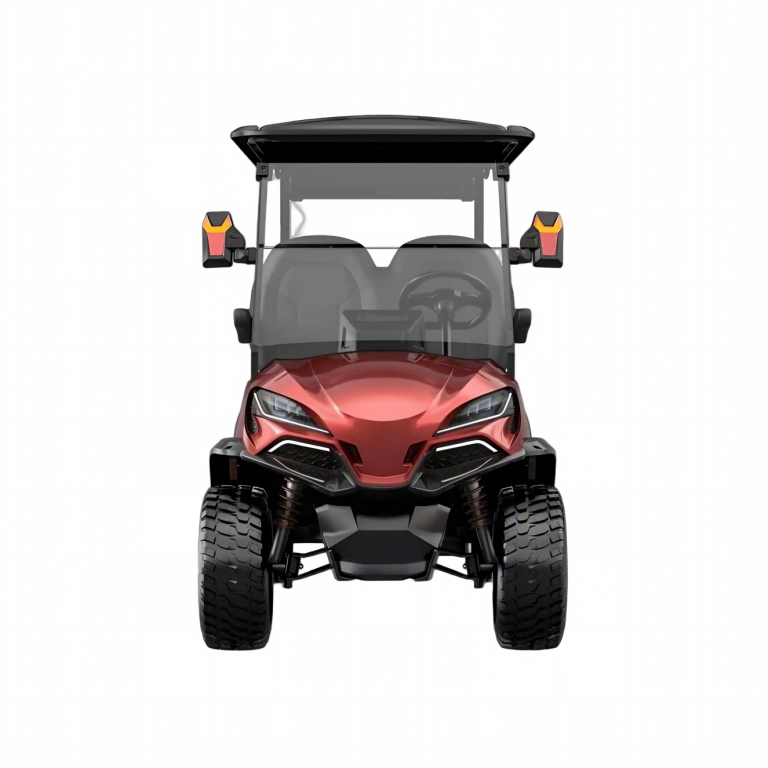 Red 4-seater electric golf cart passenger vehicle front view