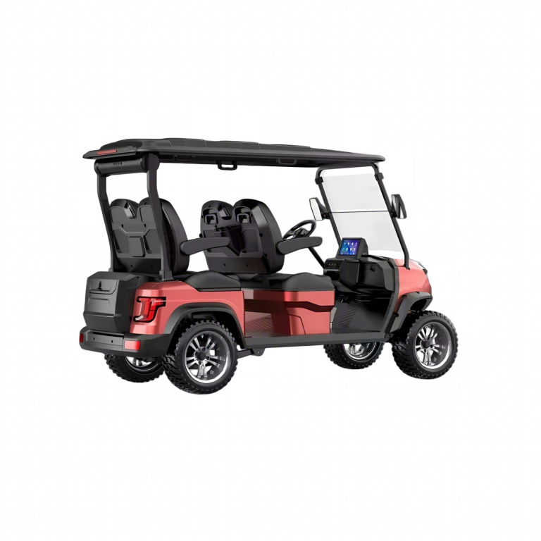 Red 4-seater electric golf cart passenger vehicle rear angle view