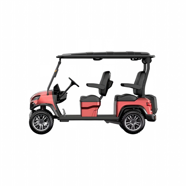 Red 4-seater electric golf cart passenger vehicle side view