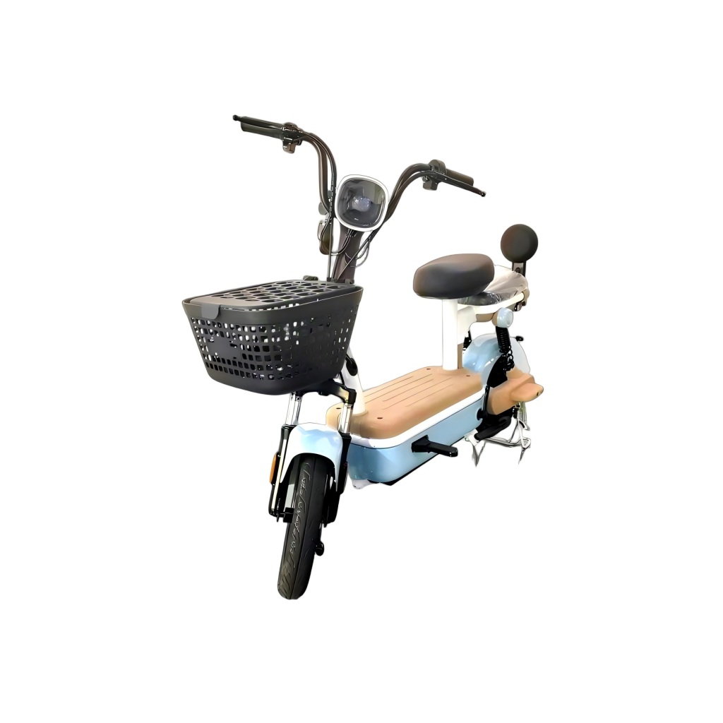 XQL-350 light blue compact electric bike mobility scooter with basket front angle view